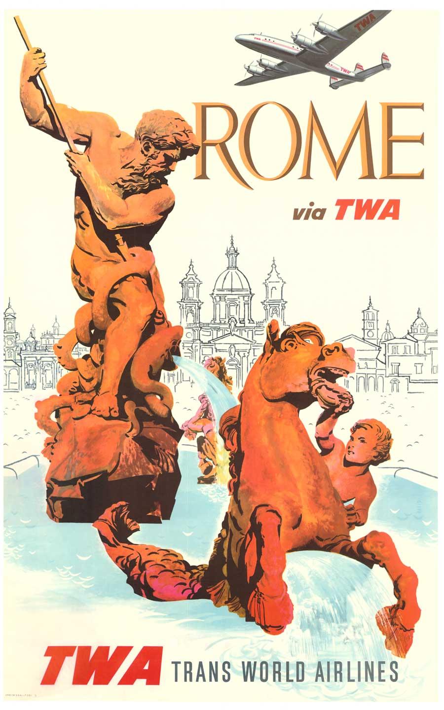 David Klein Landscape Print - Original earliest Rome via TWA vintage travel poster