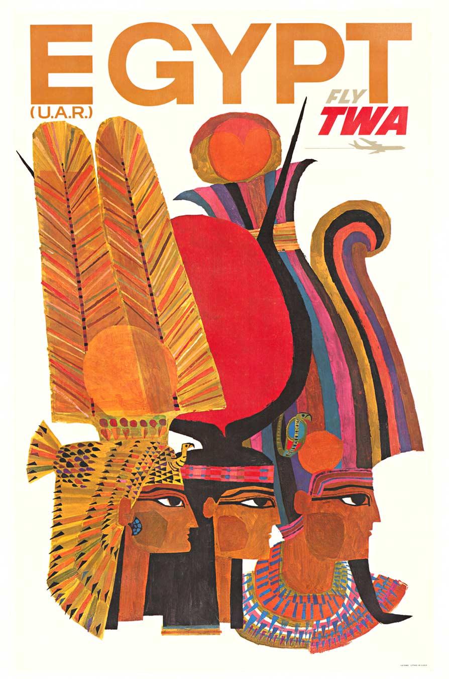 David Klein Figurative Print - Original Egypt Fly TWA 3-Pharaohs vintage travel poster