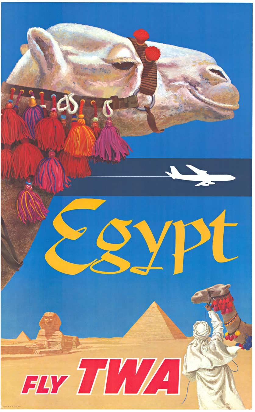 David Klein Animal Print - Original Egypt Fly TWA Airlines vintage poster 