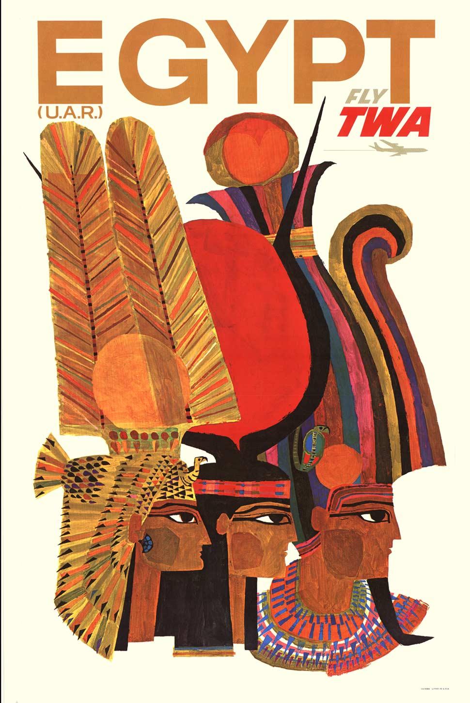Original Egypt Fly TWA, Three Pharaohs earliest printing vintage travel poster