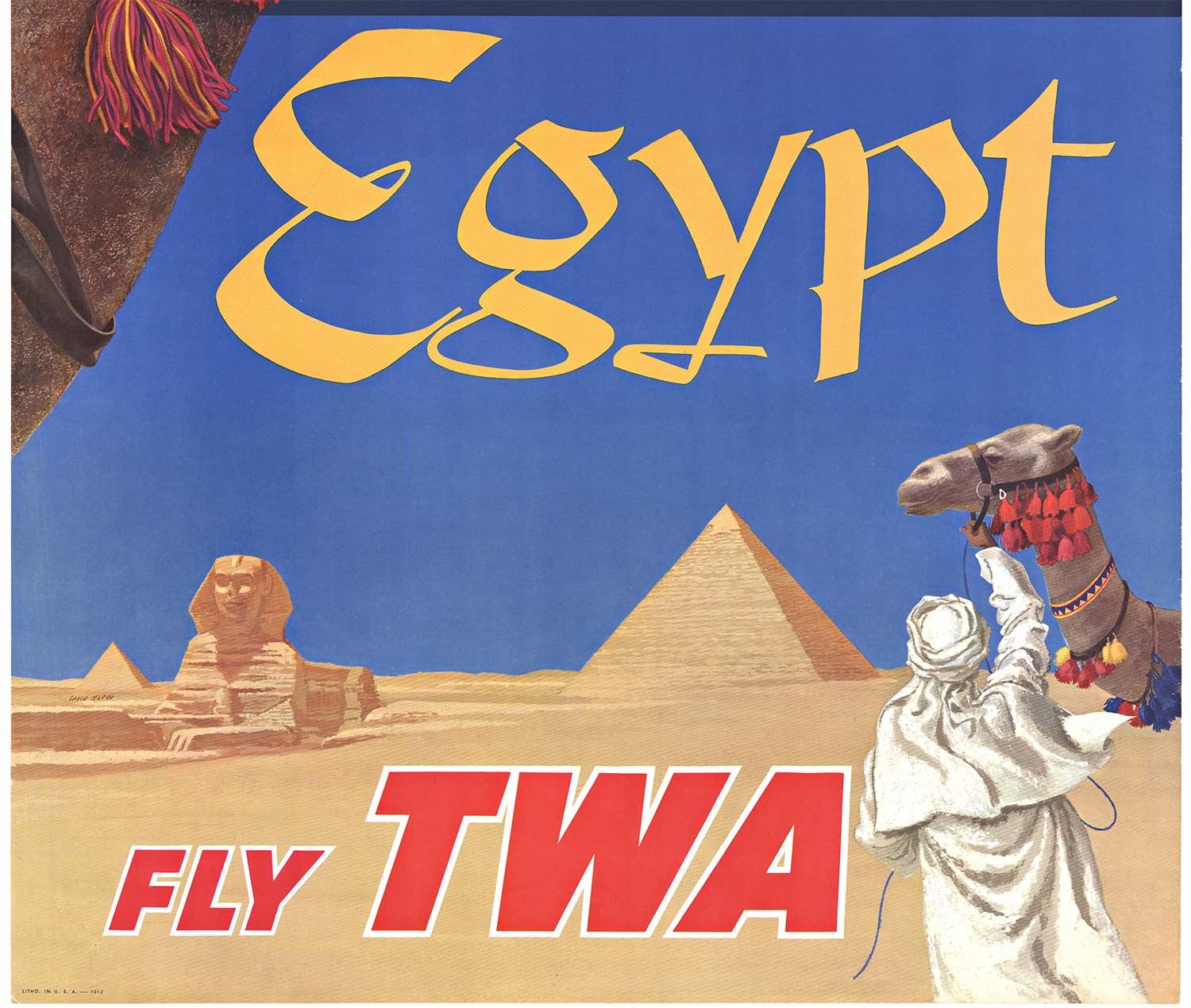 Original Egypt Fly TWA vintage airlines' travel poster  Camel - Print by David Klein