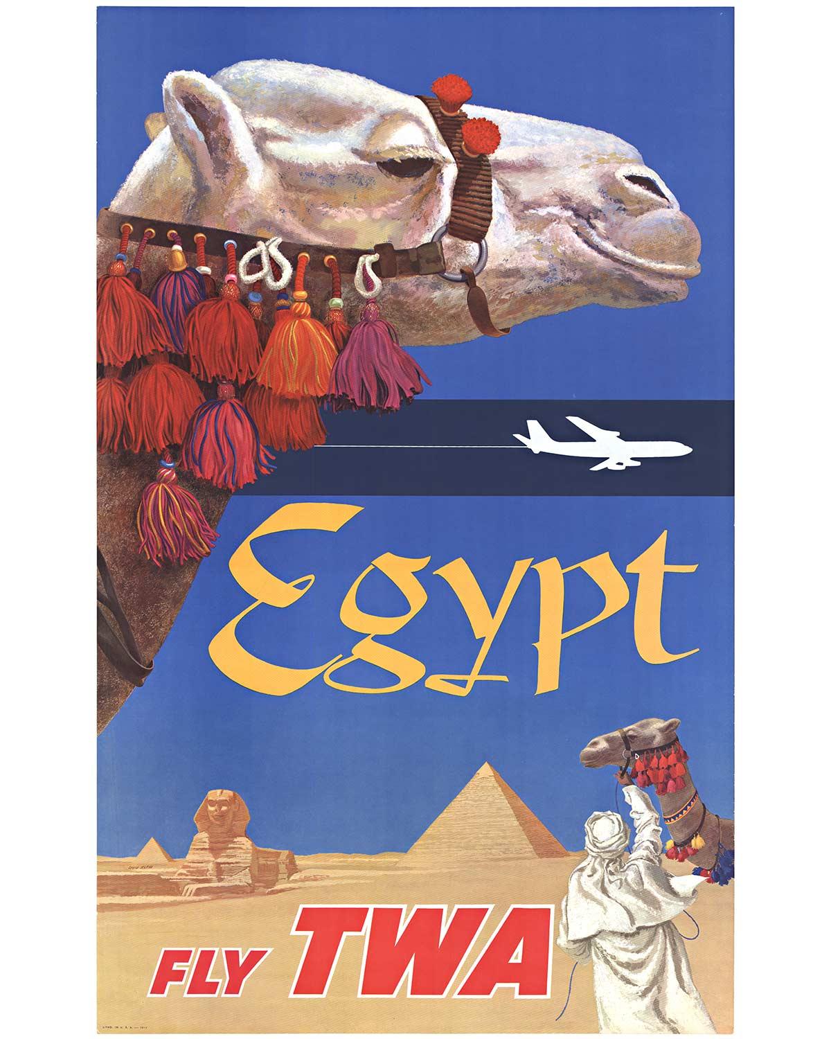 EGYPT FLY TWA.   Original vintage travel poster created by the artist David Klein.   Professional acid-free archival linen backed, very good condition; ready to frame.   Klein always featured some of the most iconic landmarks of a given destination
