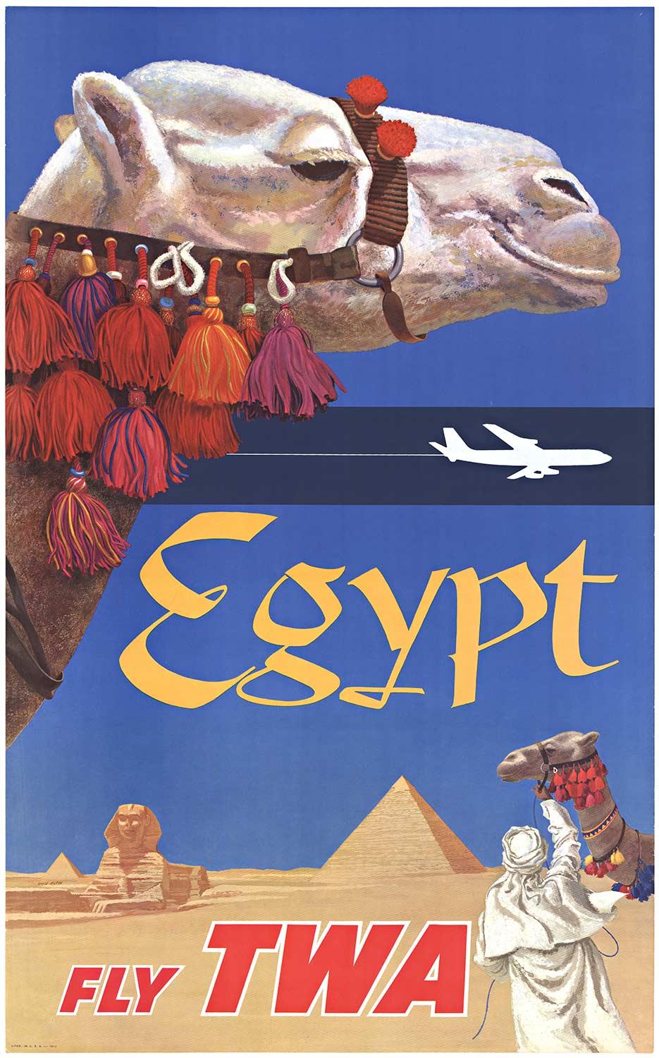 David Klein Animal Print - Original Egypt Fly TWA vintage airlines' travel poster  Camel