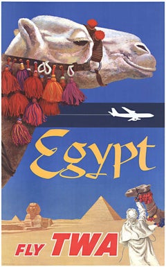 Affiche d'origine de voyage Egypt Fly TWA vintage des compagnies aériennes  Camel