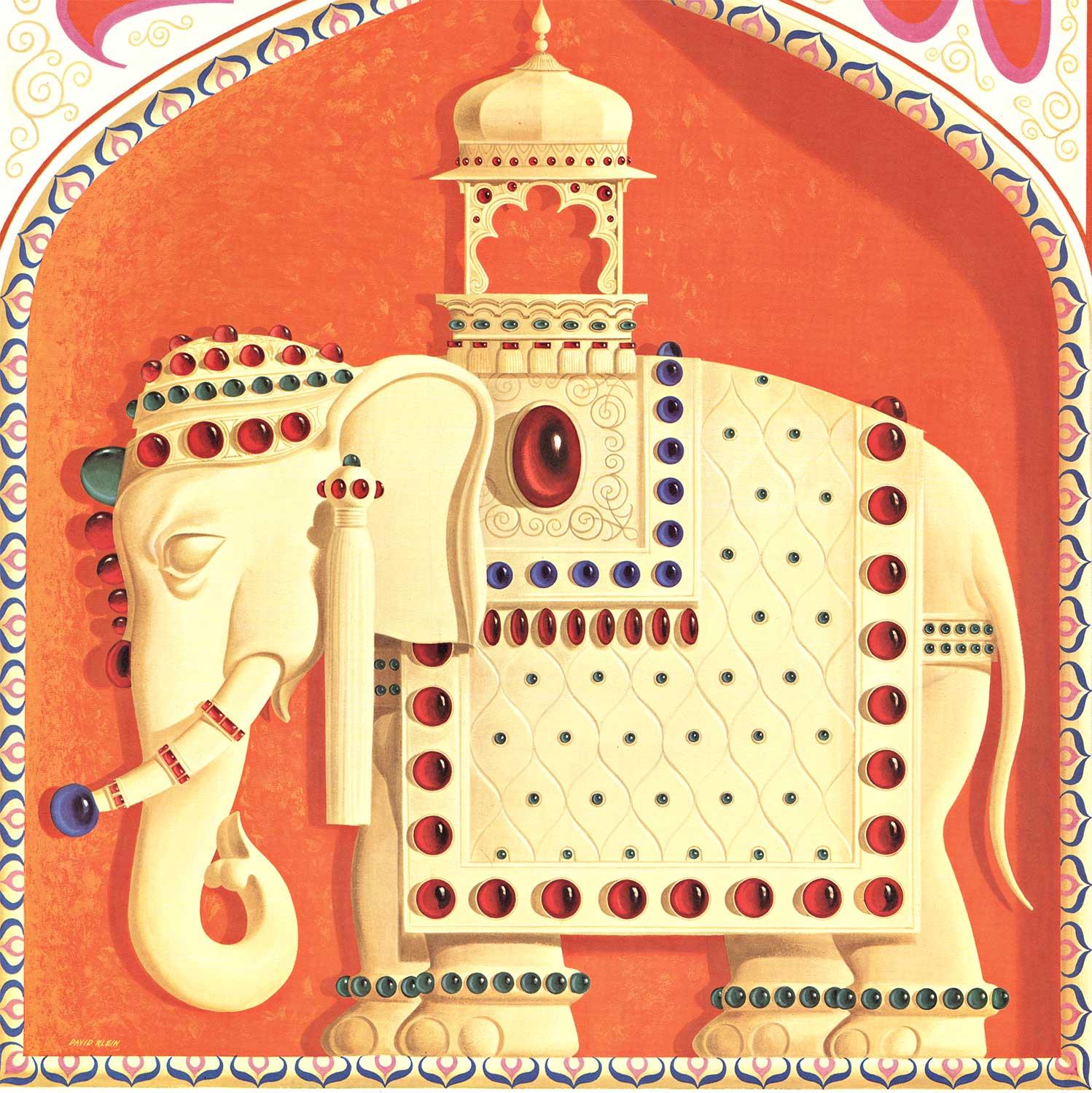 Original Fly TWA India vintage travel poster.    Artist:   David Klein.   Archival linen backed in very fine condition, ready to frame.

This poster features an elephant adorned in jewels with a howdah on the top for the passenger.    The elephant’s