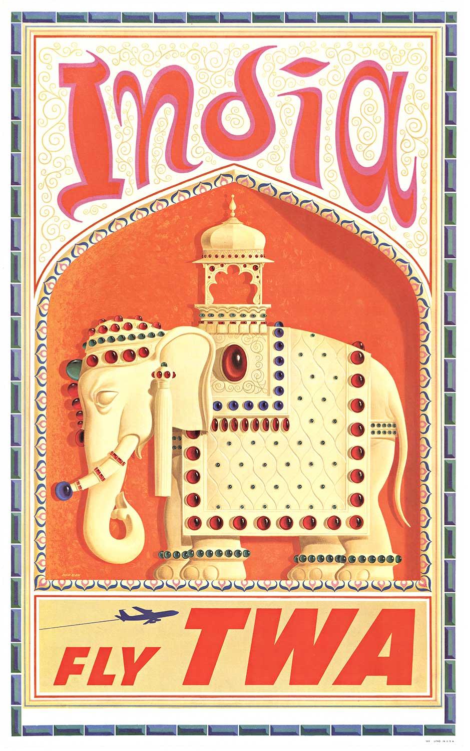 Original Fly TWA India vintage travel poster.    Artist:   David Klein.   Archival linen backed in very fine condition, ready to frame.

This poster features an elephant adorned in jewels with a howdah on the top for the passenger.    The elephant’s