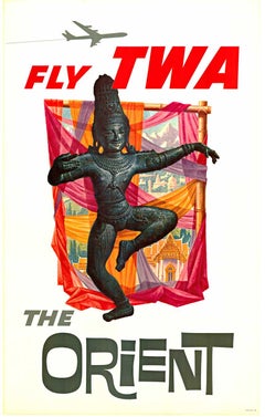 Póster de viaje vintage original Fly TWA The Orient