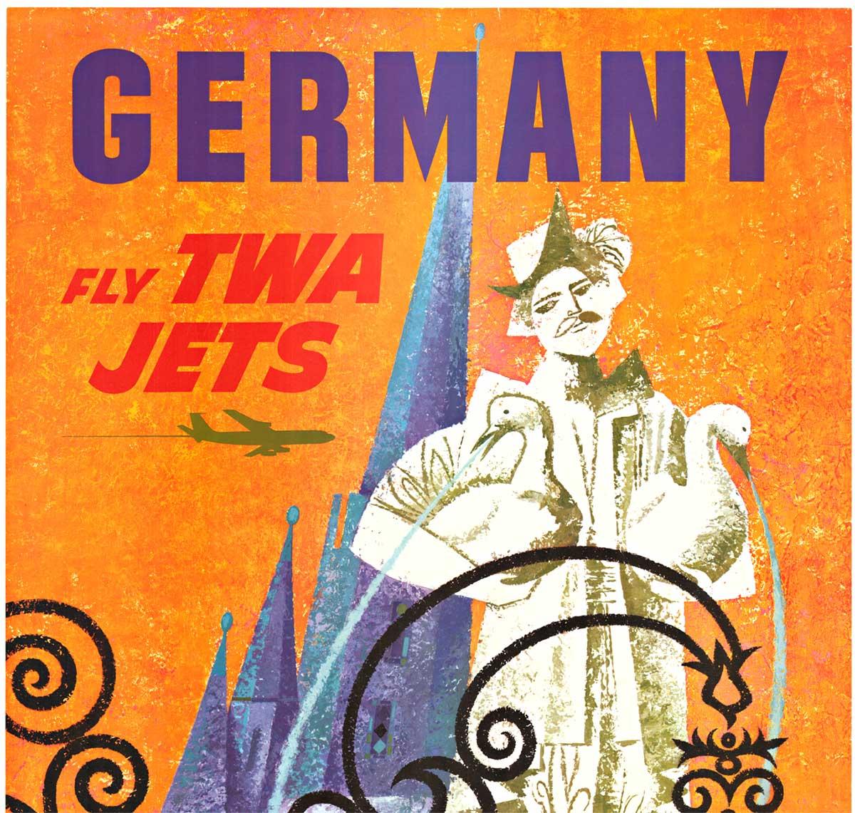 Affiche de voyage vintage originale d'Allemagne Fly TWA Jets avec dos en lin - Print de David Klein