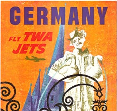 Original Alemania Fly TWA Jets cartel de viaje vintage con reverso de lino