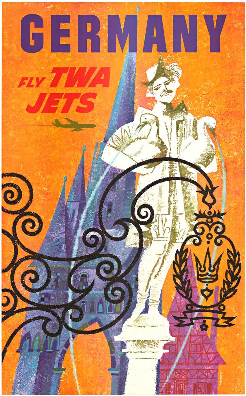 Original Alemania Fly TWA Jets cartel de viaje vintage con reverso de lino