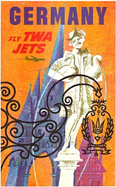 Affiche de voyage vintage originale d'Allemagne Fly TWA Jets avec dos en lin