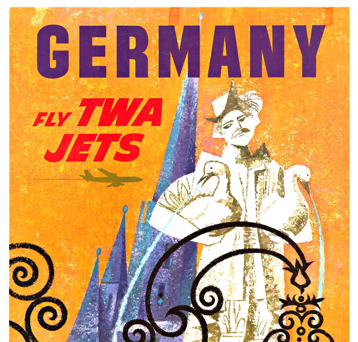 Affiche de voyage vintage allemande Fly TWA Jets  Trans World Airlines - Print de David Klein