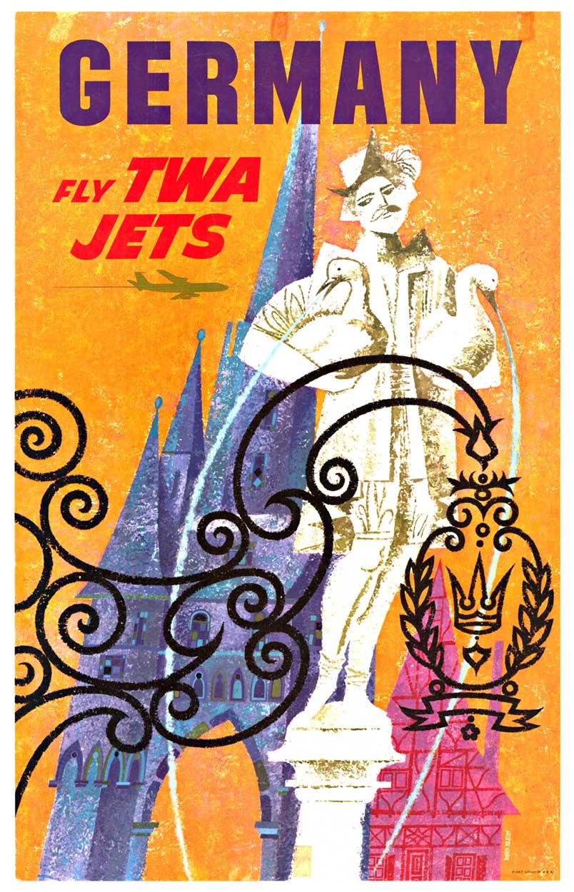 Original David Klein,  Germany Fly TWA Jets (Smaller format)—professional acid-free archival linen backing; ready to frame.

The image of this original travel to Germany scene features an old cathedral in the background and a wrought iron decorative