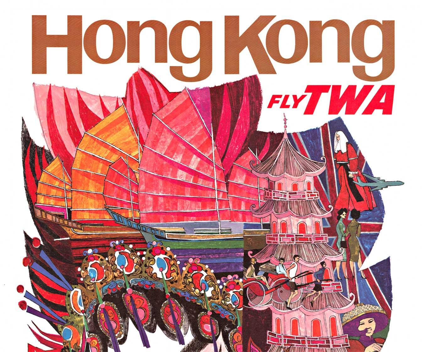 Original Hong Kong Fly TWA vintage travel poster - Print by David Klein