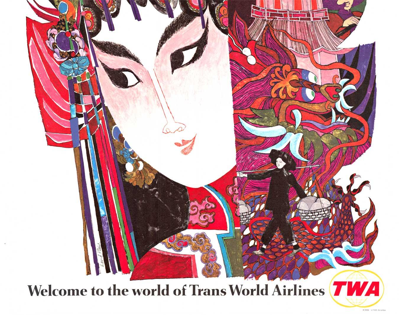 Affiche de voyage vintage originale Hong Kong Fly TWA - Modernisme américain Print par David Klein