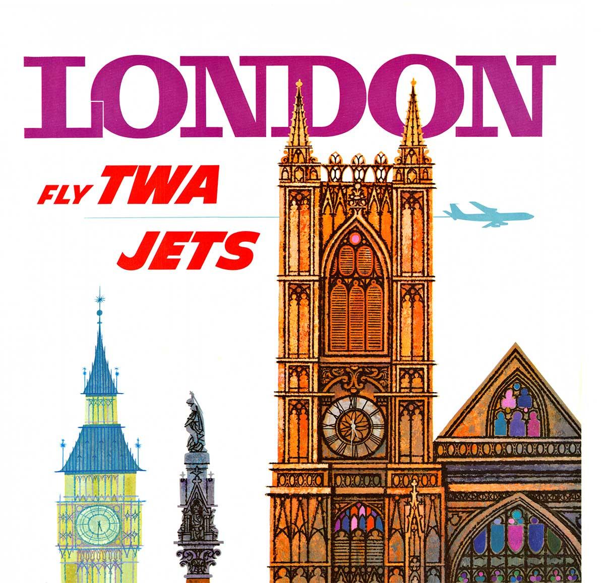 Original London, Fly TWA Jets (Trans World Airlines) vintage travel poster - Print by David Klein