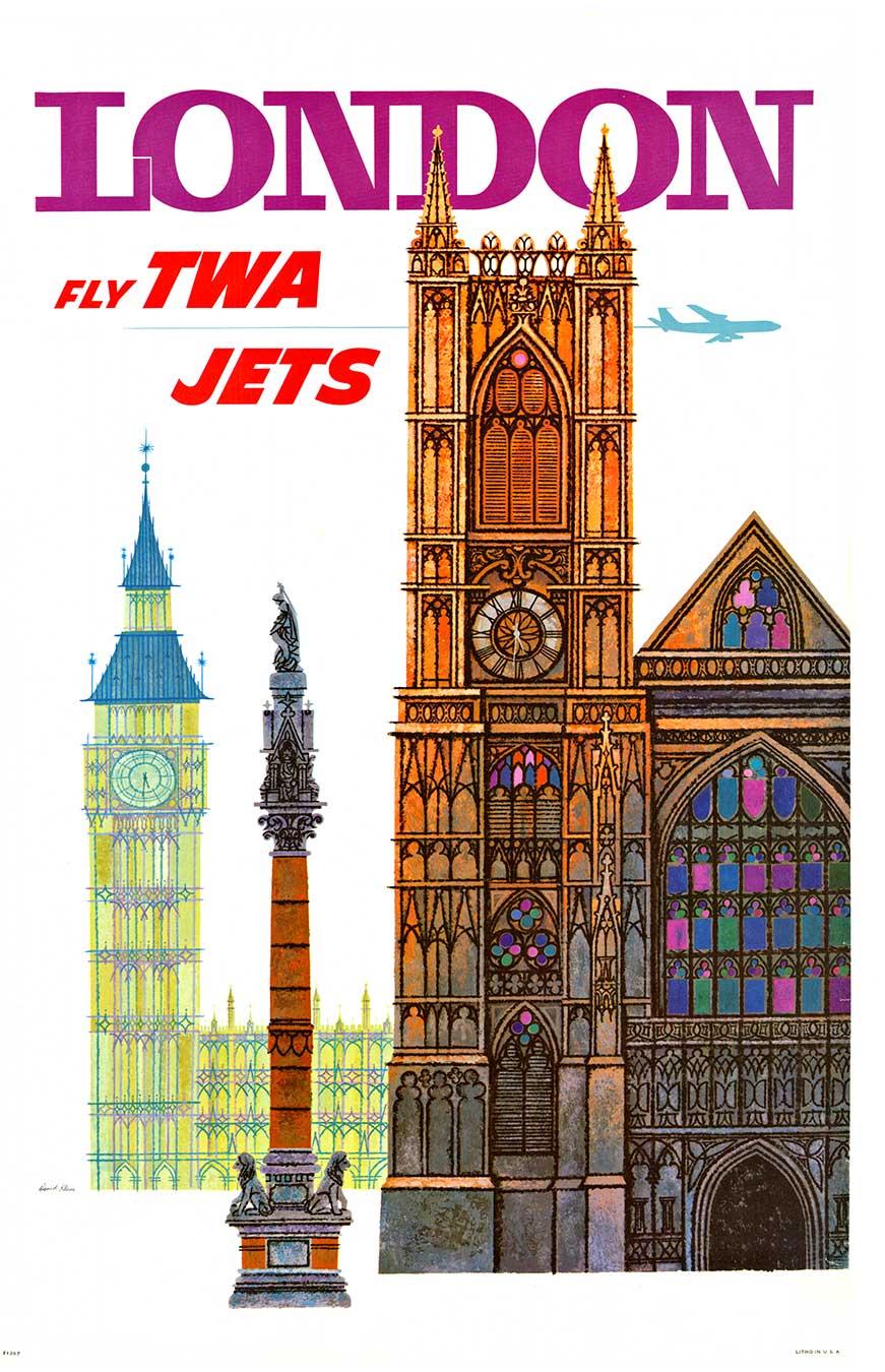 Poster di viaggio d'epoca originale Londra, Fly TWA Jets (Trans World Airlines)