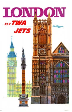 Póster de viaje original de Londres, Fly TWA Jets (Trans World Airlines)
