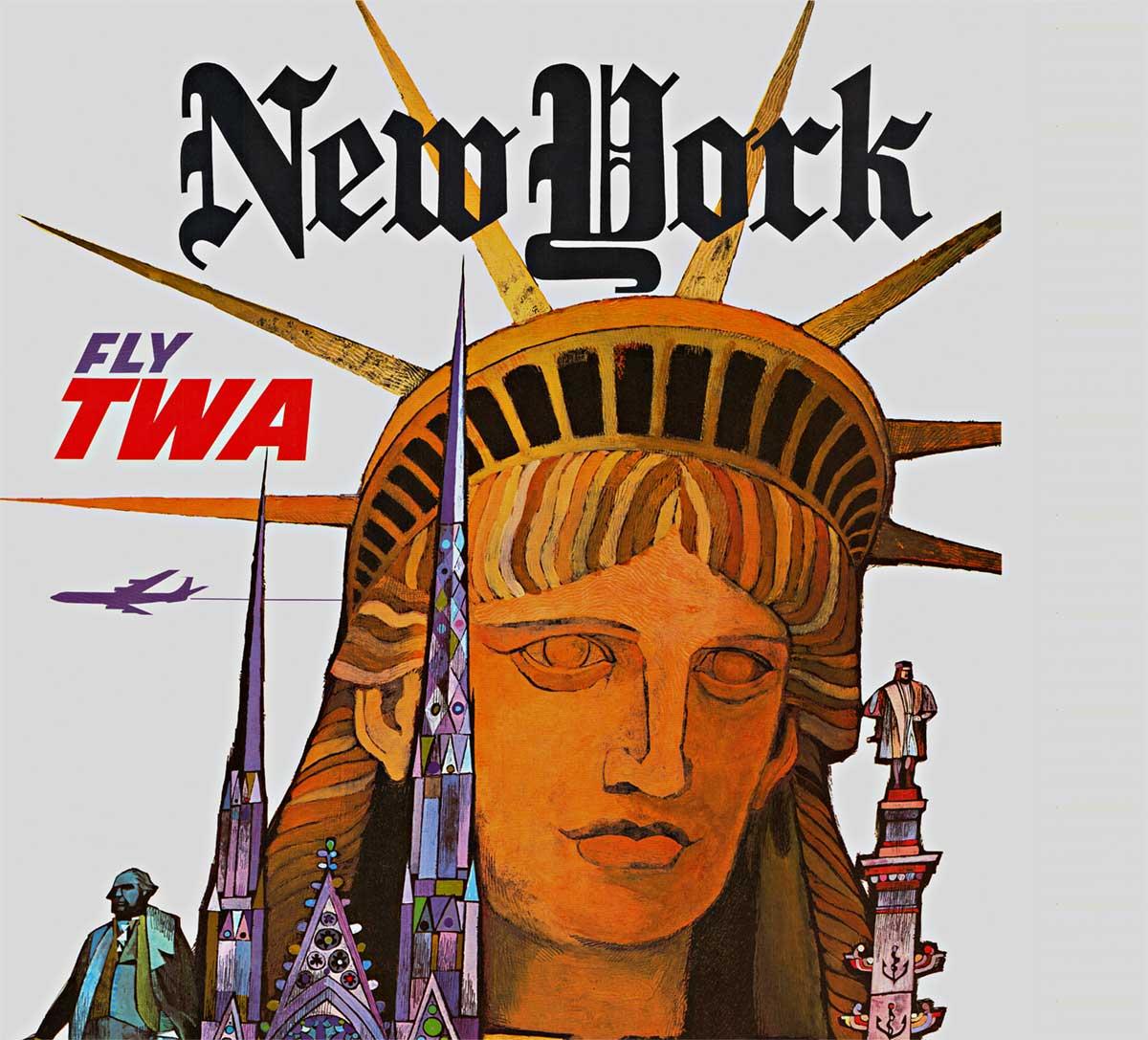 Affiche de voyage vintage originale New York Fly TWA - Trans World Airlines  - Print de David Klein