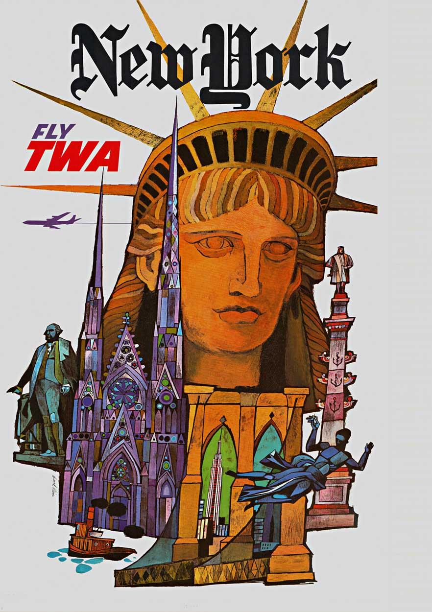 David Klein Landscape Print – Original New York Fly TWA - Trans World Airlines Vintage-Reiseplakat, New York 