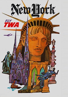 Affiche de voyage vintage originale New York Fly TWA - Trans World Airlines 