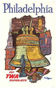 Cartel de viaje original de época Philadelphia Fly TWA Superjets