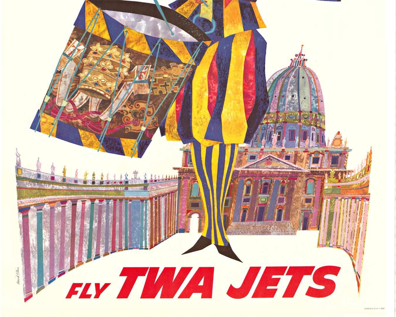 Original Rome Fly TWA Jets vintage American travel poster - American Modern Print by David Klein