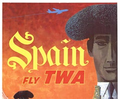 Original "Spain Fly TWA" vintage airline travel poster  Matador image