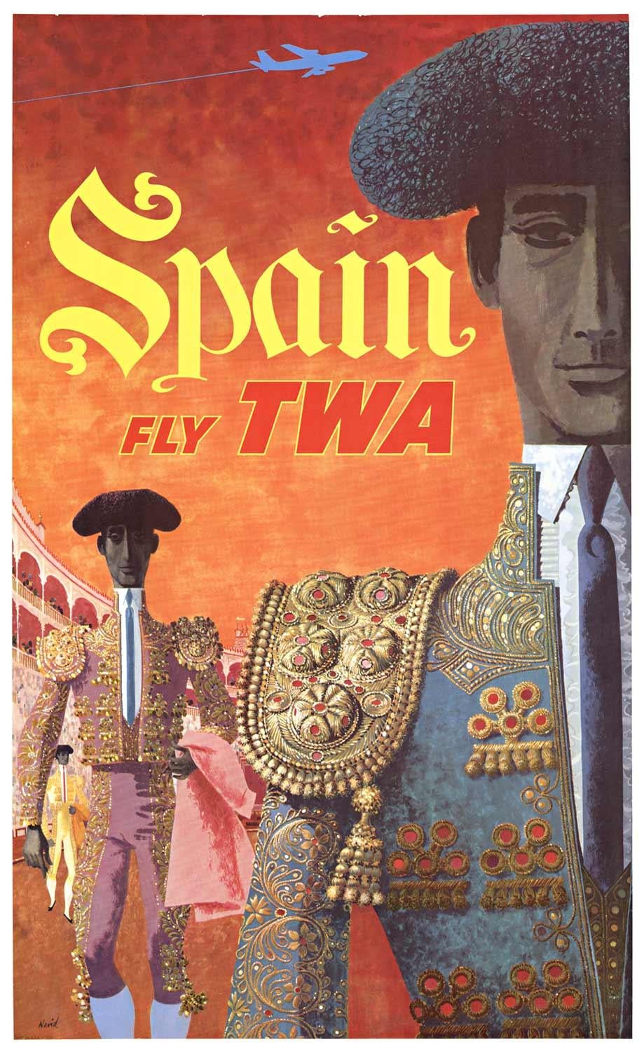 Original "Spain Fly TWA" vintage airline travel poster  Matador image
