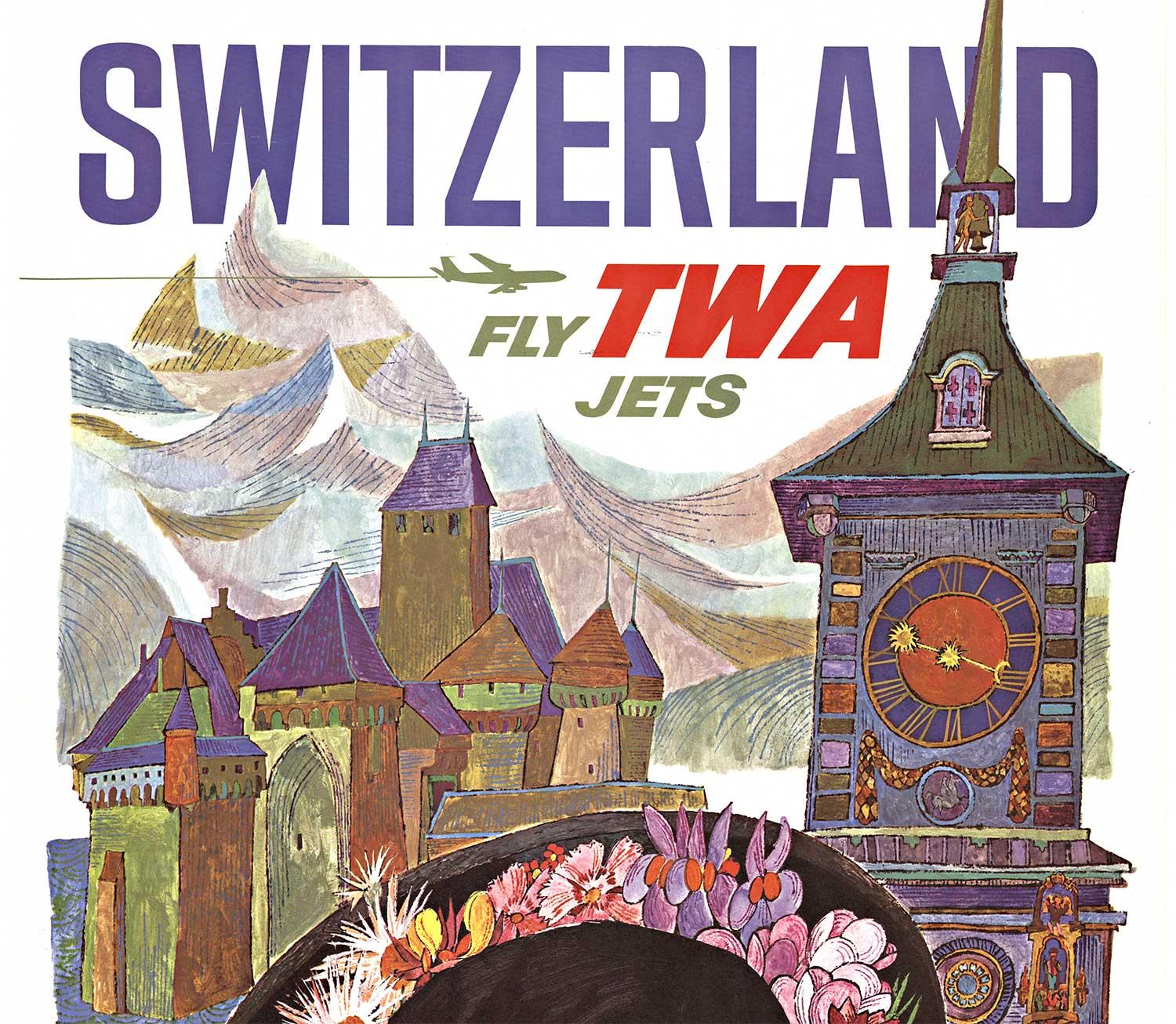 Original vintage poster:  SWITZERLAND FLY TWA  Trans World Airline.  Artist:l David Klein.   Archival linen backed in fine condition.  Artist:  David Klein #DavidKlein #TWAposter

An interesting, exciting montage from David Klein who was pretty