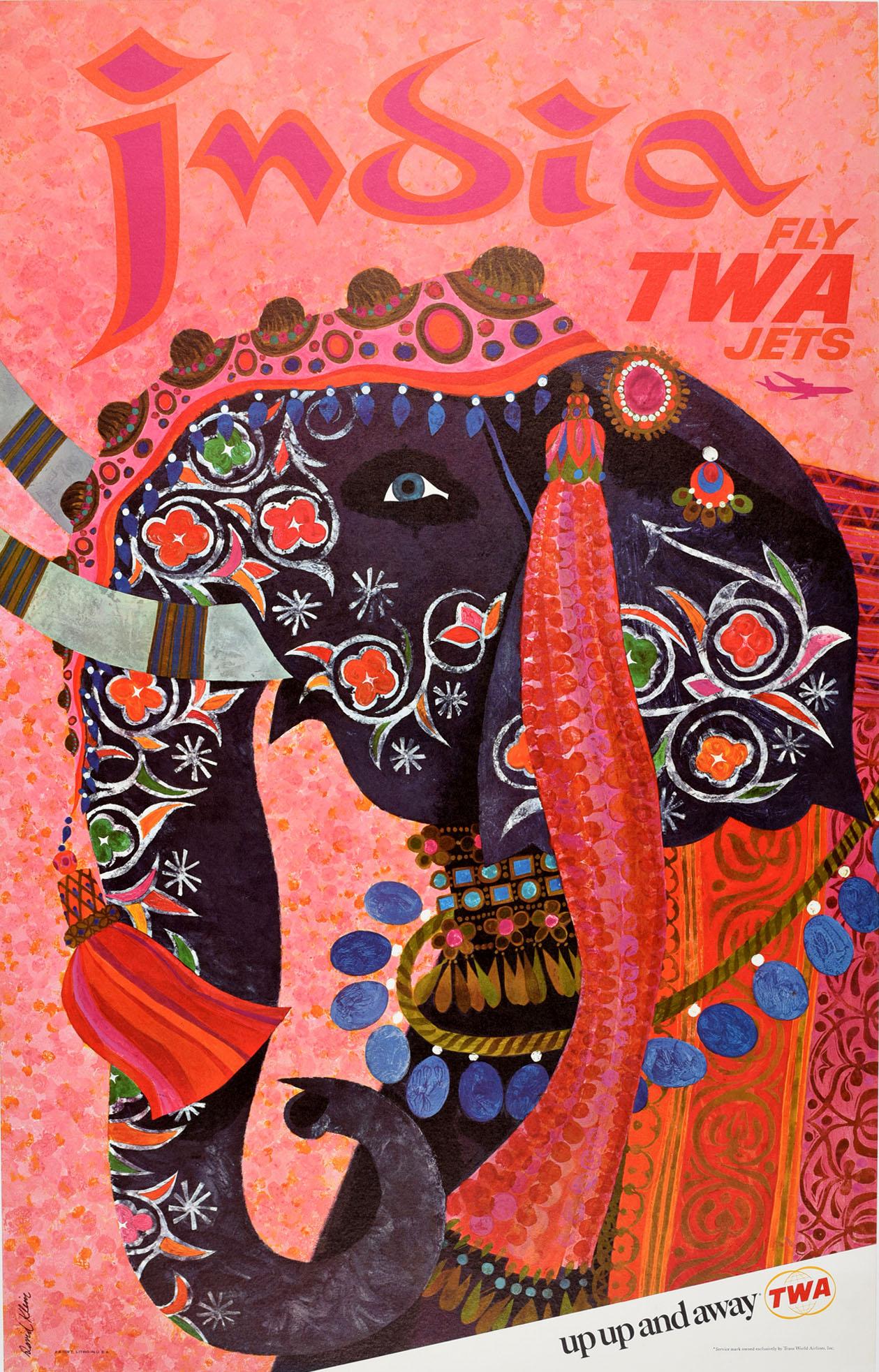 David Klein Print - Original Vintage Air Travel Poster India Fly TWA Jets Up & Away Elephant Design