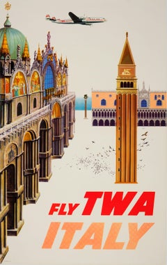 Original Vintage Airline Travel Poster Fly TWA Italy Ft San Marco Venice View