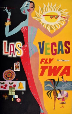 Affiche vintage originale de voyage d'une compagnie aérienne Las Vegas TWA David Klein, milieu du siècle dernier 