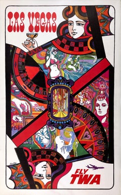 Poster originale d'epoca di David Klein Fly TWA Las Vegas Cards c1960