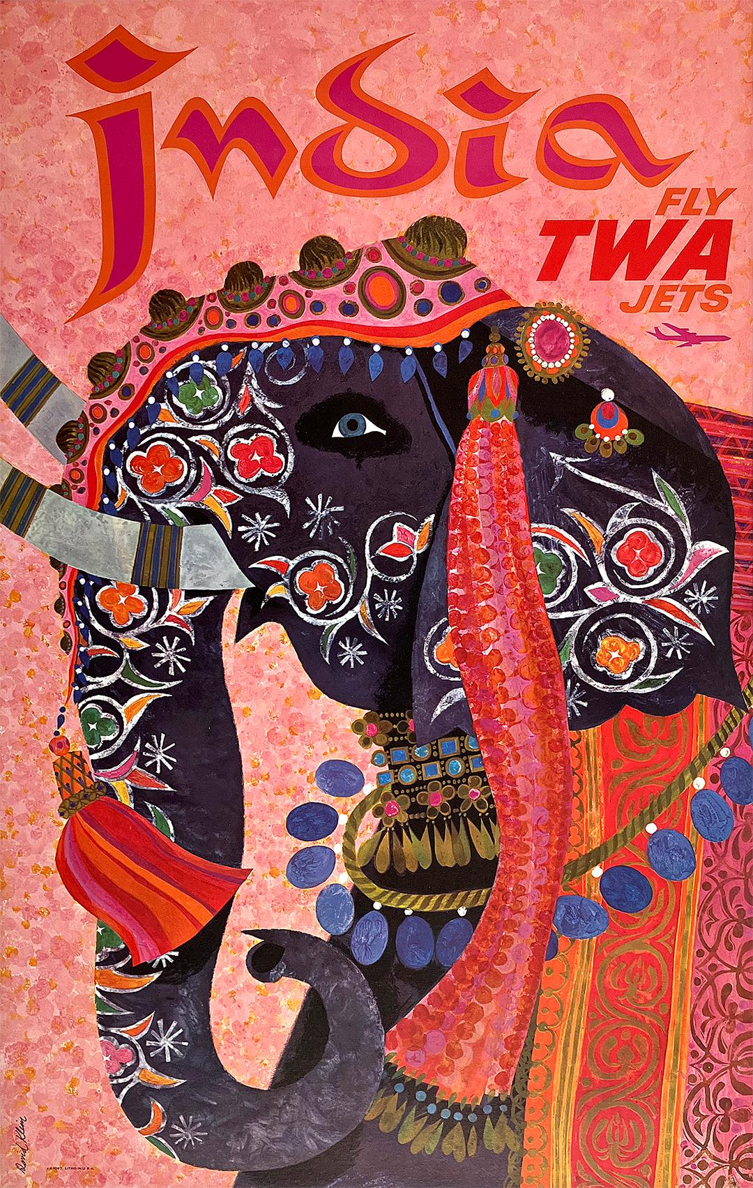 Original Vintage Fly TWA Jets India Rosa Elefantenplakat von David Klein, Vintage, ca. 1960