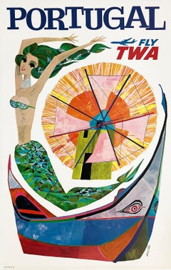 David Klein - Original Vintage Fly TWA Jets Portugal Poster by David Klein c1960 Original Vintage Fly TWA Jets Portugal Poster by David Klein c1960