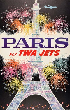 Original Vintage Mid Century Travel Poster Paris Fly TWA Jets Ft. Eiffel Tower