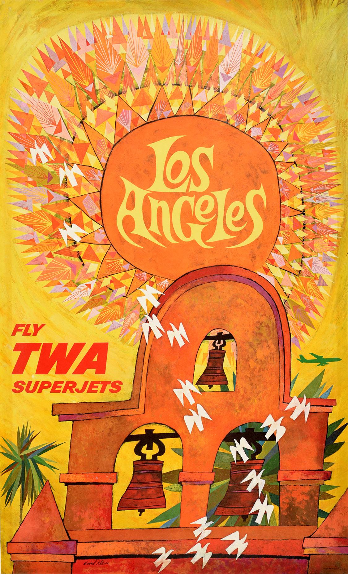 David Klein Print - Original Vintage Poster Los Angeles Fly TWA Superjets Mission Bells Travel Art