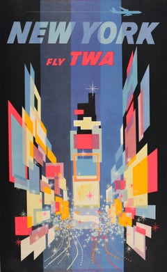 Original Vintage Poster New York Fly TWA Times Square Jet Plane Abstract Design