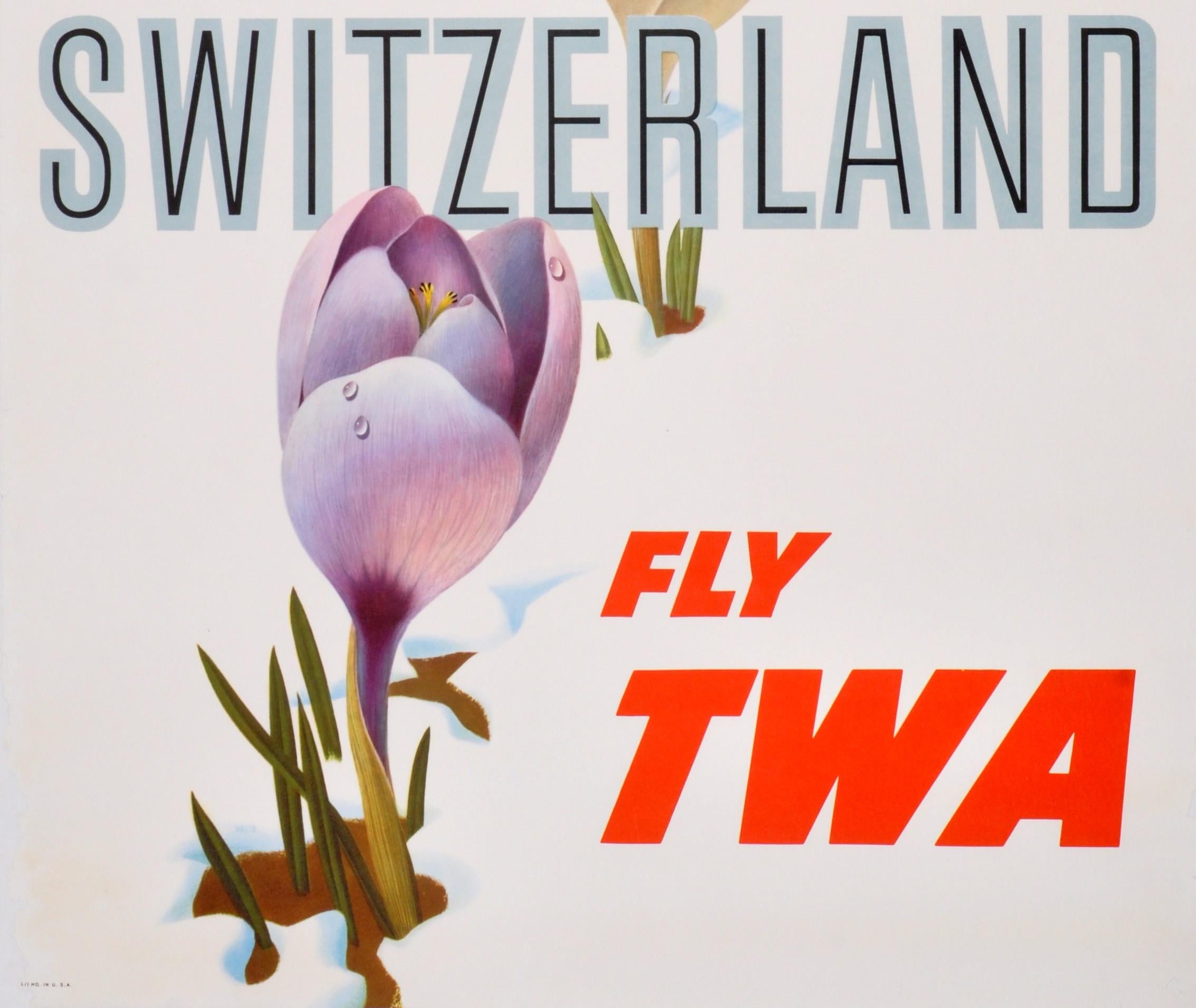 Original Vintage Poster Switzerland Fly TWA Spring Travel Lockheed Constellation - Beige Print by David Klein