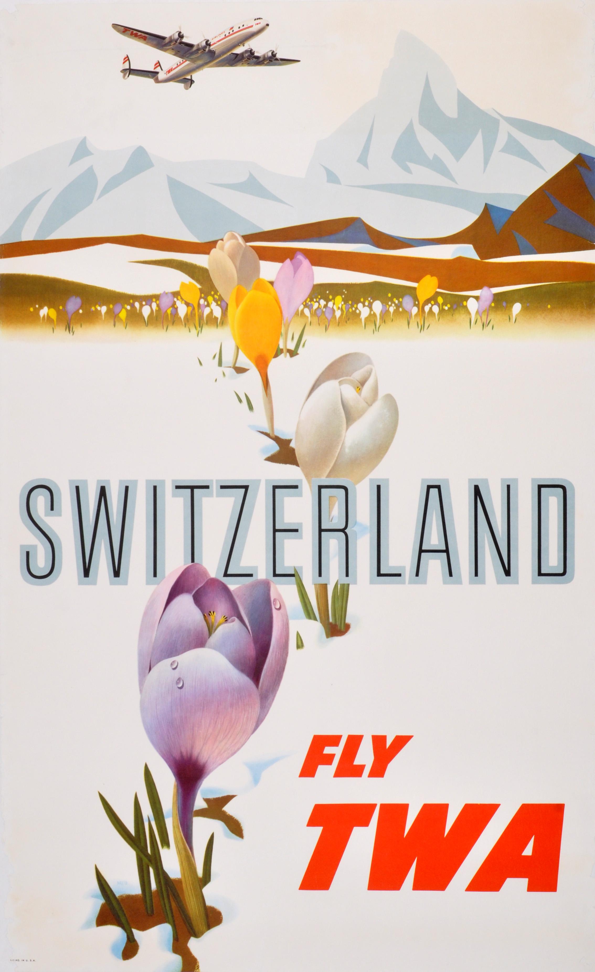 David Klein Print - Original Vintage Poster Switzerland Fly TWA Spring Travel Lockheed Constellation
