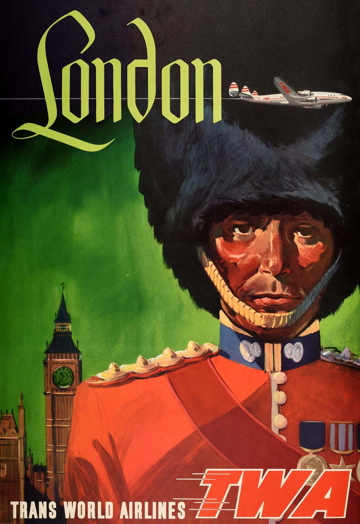 Original vintage travel poster for London issued by Trans World Airlines / TWA featuring a great design by the notable American artist David Klein (1918-2005) depicting a Royal Guard / Queen's Guard in red military uniform and bearskin hat standing