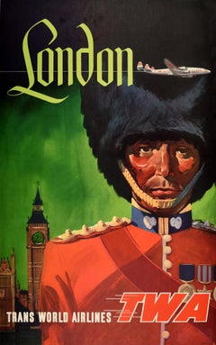 Original Vintage Poster Trans World Airlines TWA London Royal Guard Travel Art