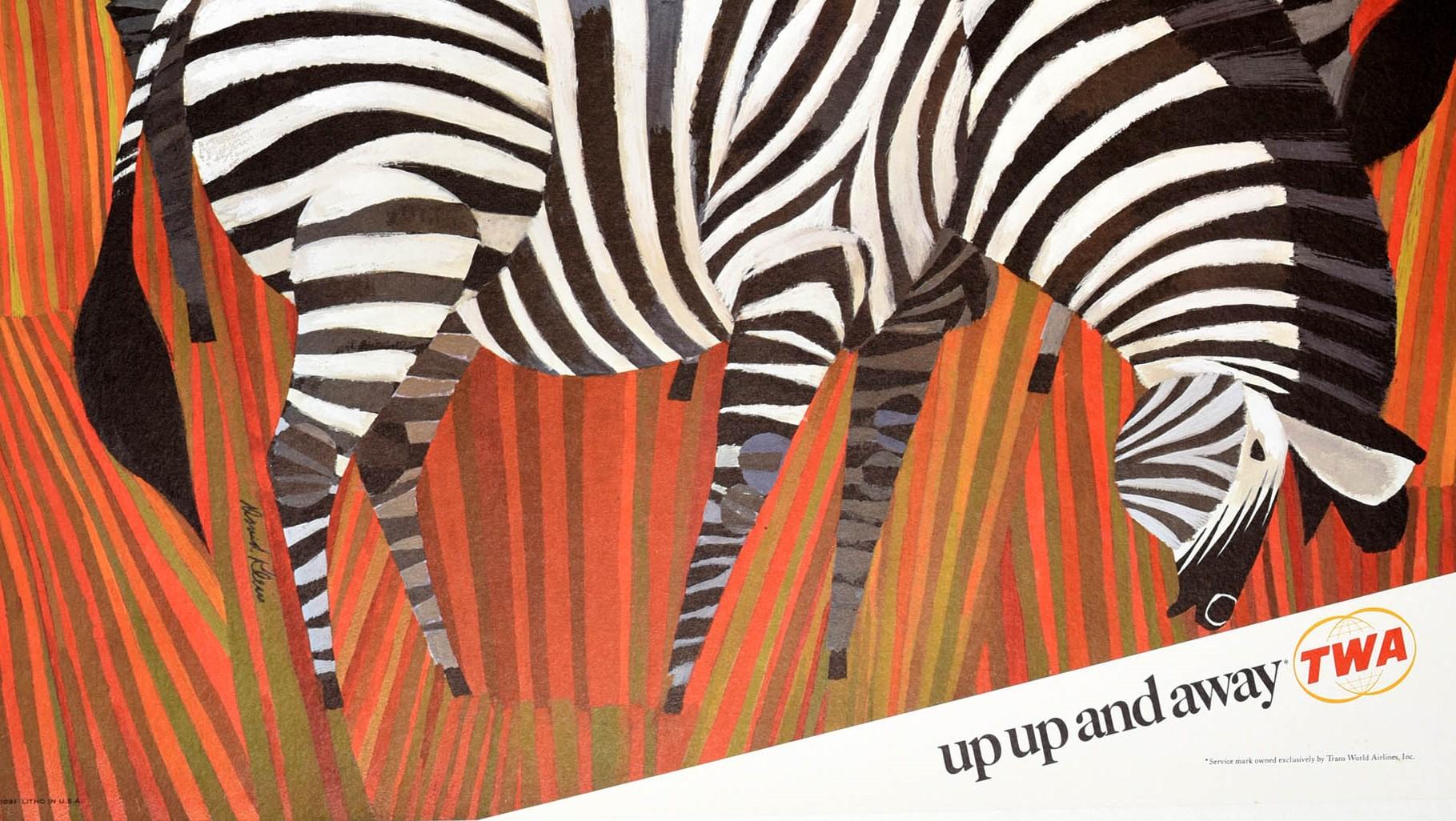 Original vintage mid-century airline travel poster for Africa Fly TWA Trans World Airlines up up and away TWA featuring a colourful iconic design by the notable American artist David Klein (1918-2005) of black and white zebras against a striped