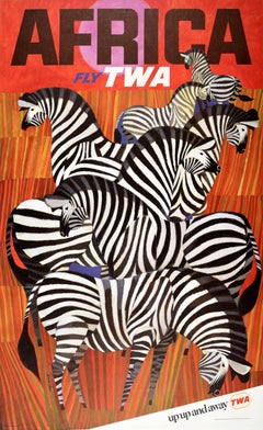 Original Vintage Travel Poster By David Klein Africa Fly TWA Iconic Zebra Design