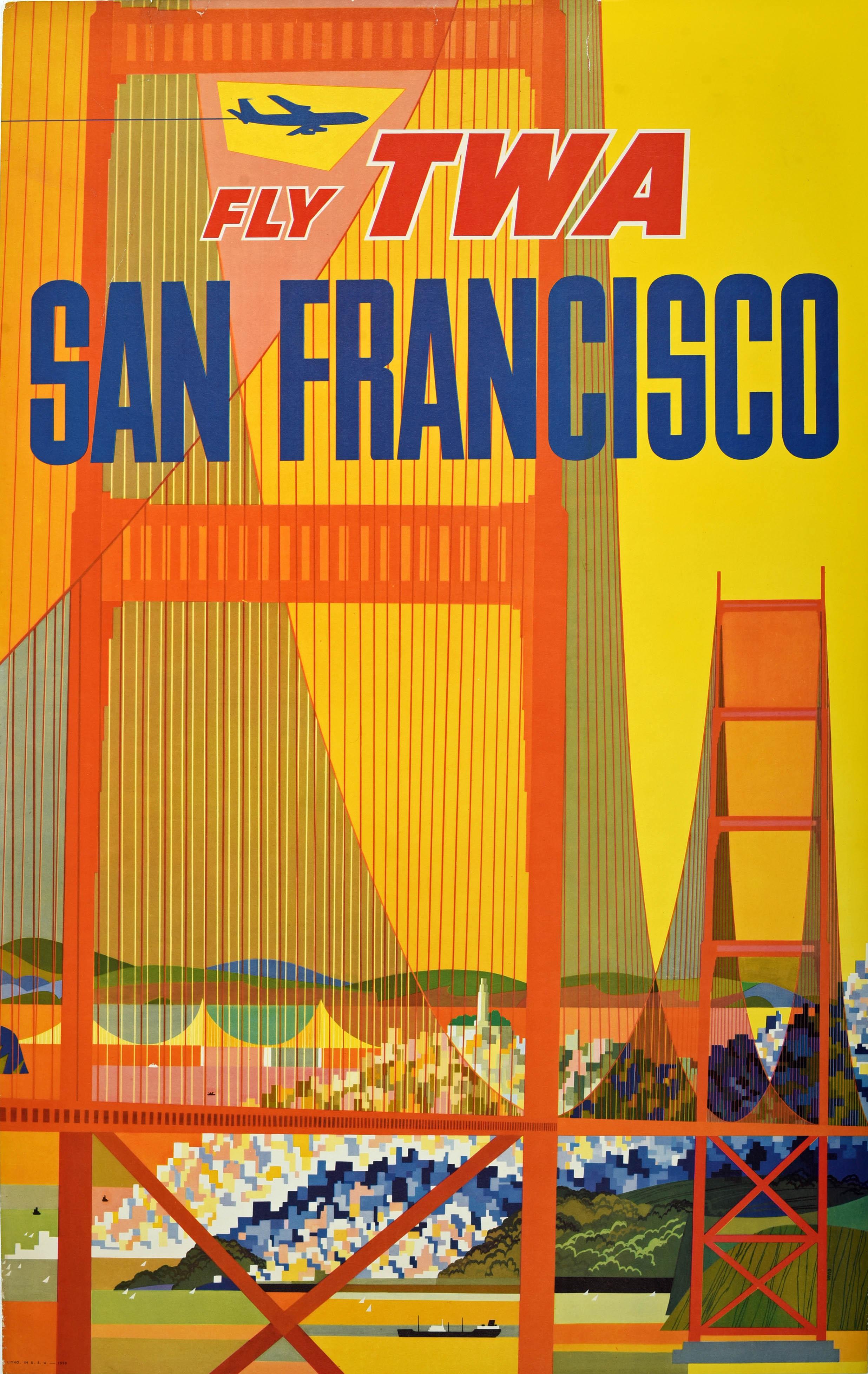 David Klein Print - Original Vintage Travel Poster Fly TWA Airlines San Francisco Golden Gate Bridge