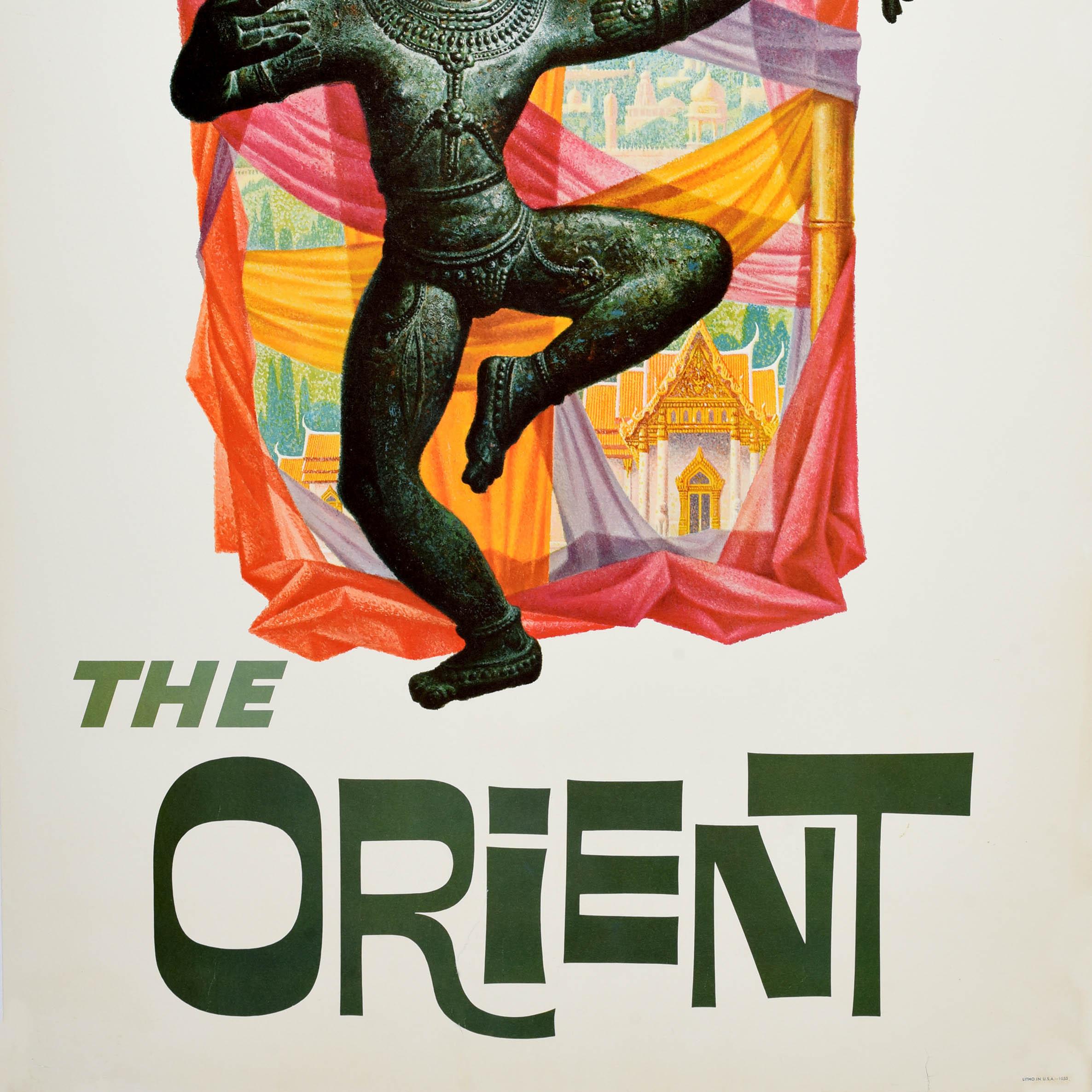 Original vintage travel advertising poster - Fly TWA The Orient - issued by Trans World Airlines featuring a colourful design by the notable American artist David Klein (1918-2005) depicting a Buddha statue in front of a bamboo framed picture