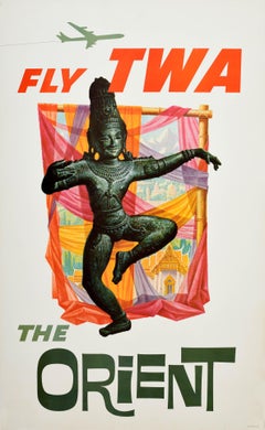 Original Retro Travel Poster Fly TWA The Orient Buddha Asia David Klein Design