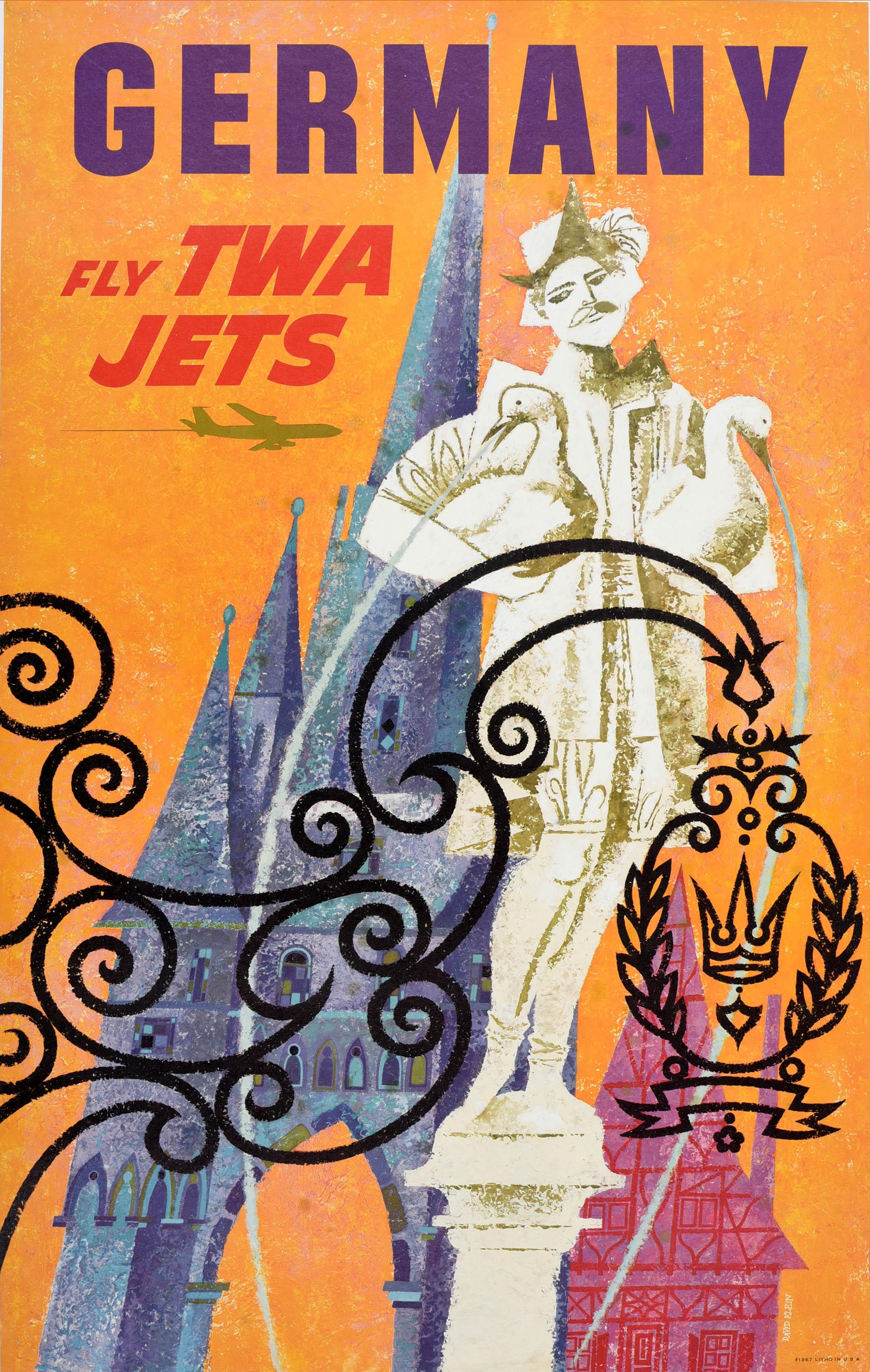 Original vintage travel poster for Germany Fly TWA Jets designed by the American artist David Klein (1918-2005), most noted for his TWA travel advertising poster artwork, featuring a fountain statue and historical buildings behind a decorative