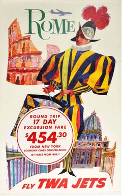 Original Vintage Travel Poster Rome Fly TWA Jets New York Constellation Plane